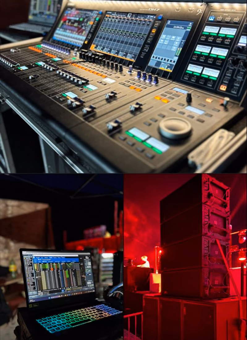 Consola de audio en posición de front of house frente al sistema line array