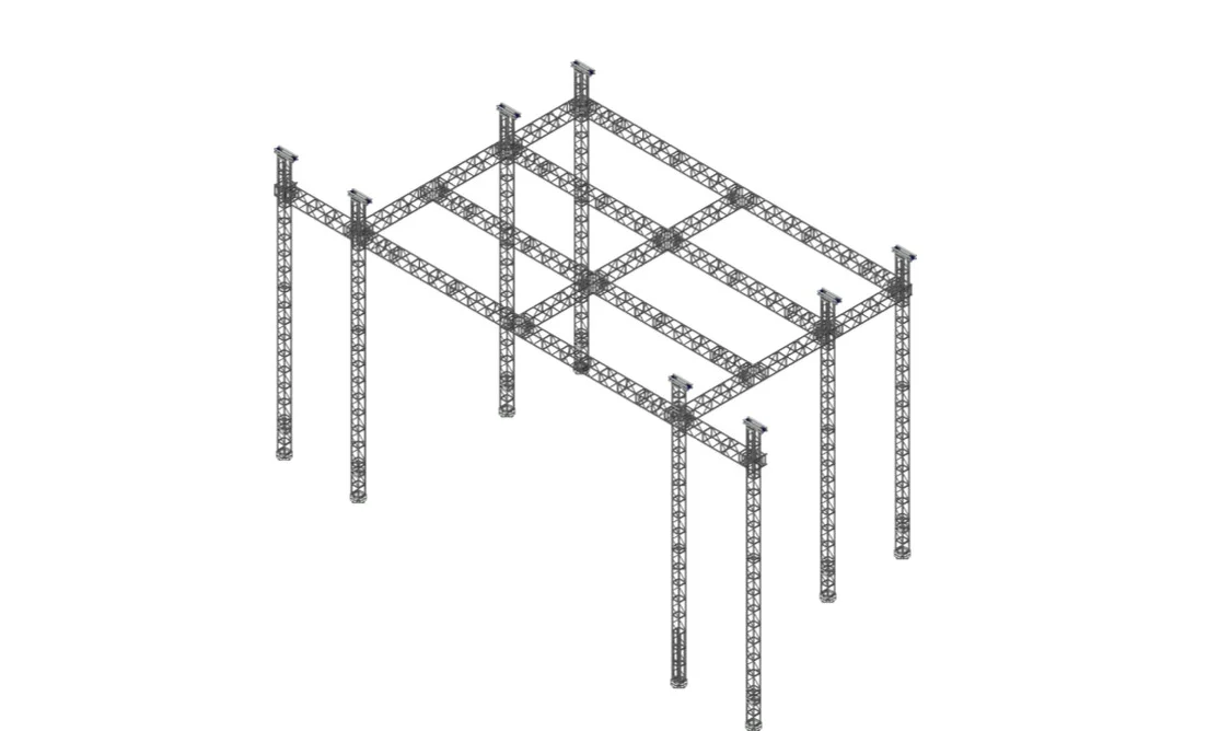 Plano isométrico del ground support Tomcat: ocho torres de truss con parrilla reforzada en dos sentidos